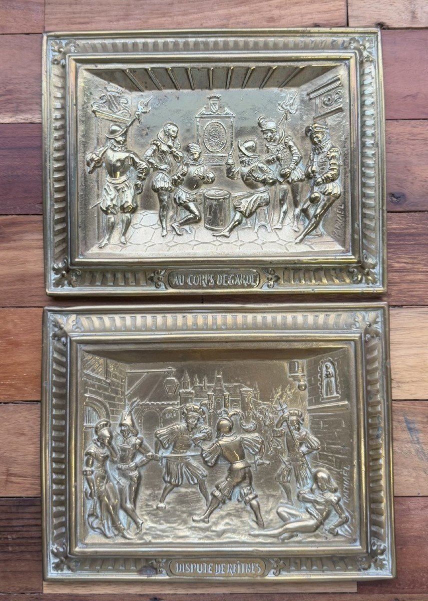 Raphael: 2 Bas Reliefs In Repoussé Copper Depicting Framed Animated Scenes  