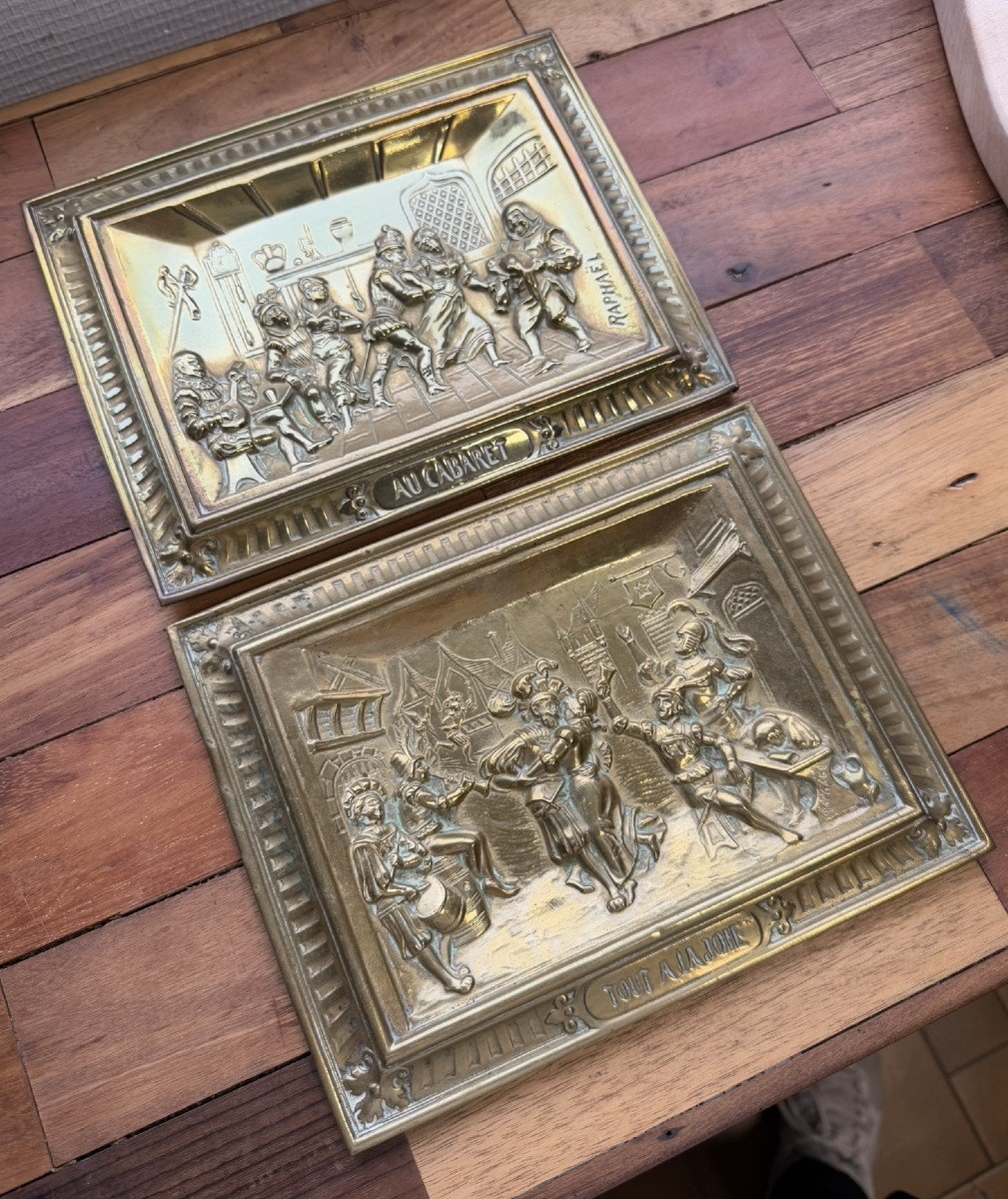 Raphael: 2 Bas Reliefs In Repoussé Copper Depicting Framed Festive Scenes-photo-1