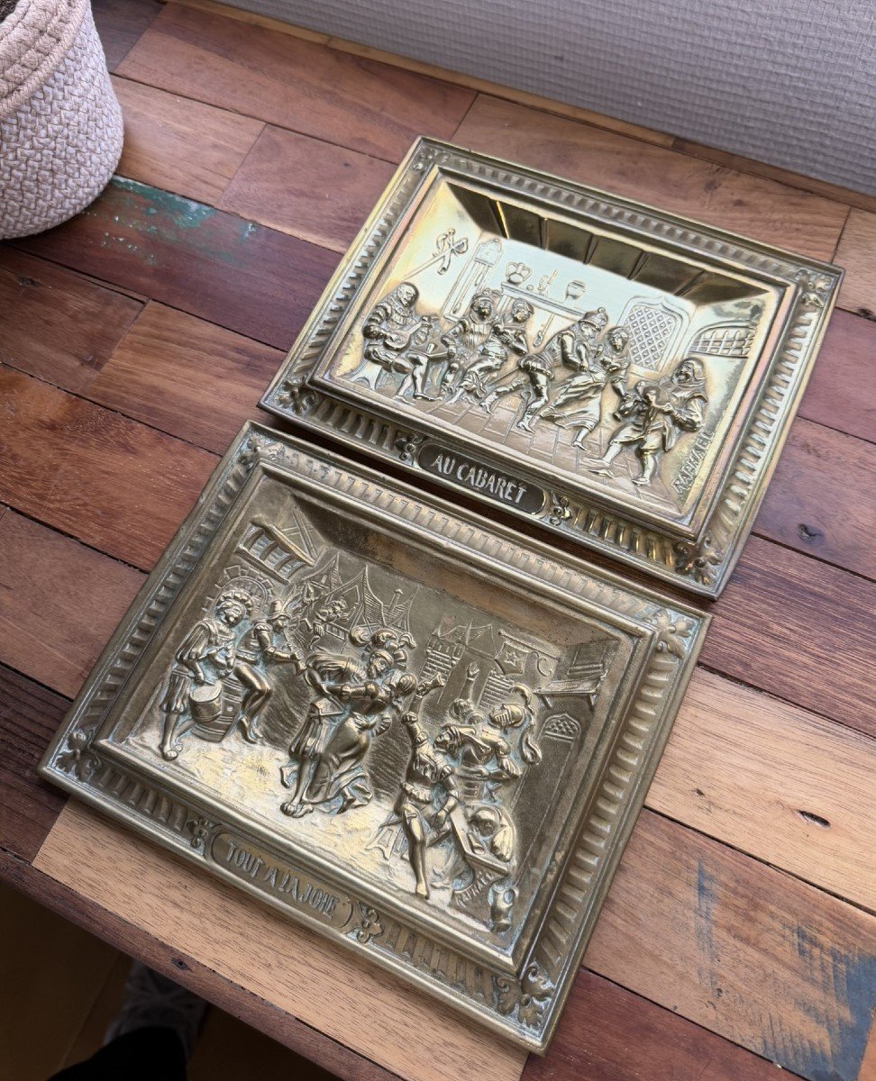 Raphael: 2 Bas Reliefs In Repoussé Copper Depicting Framed Festive Scenes-photo-2