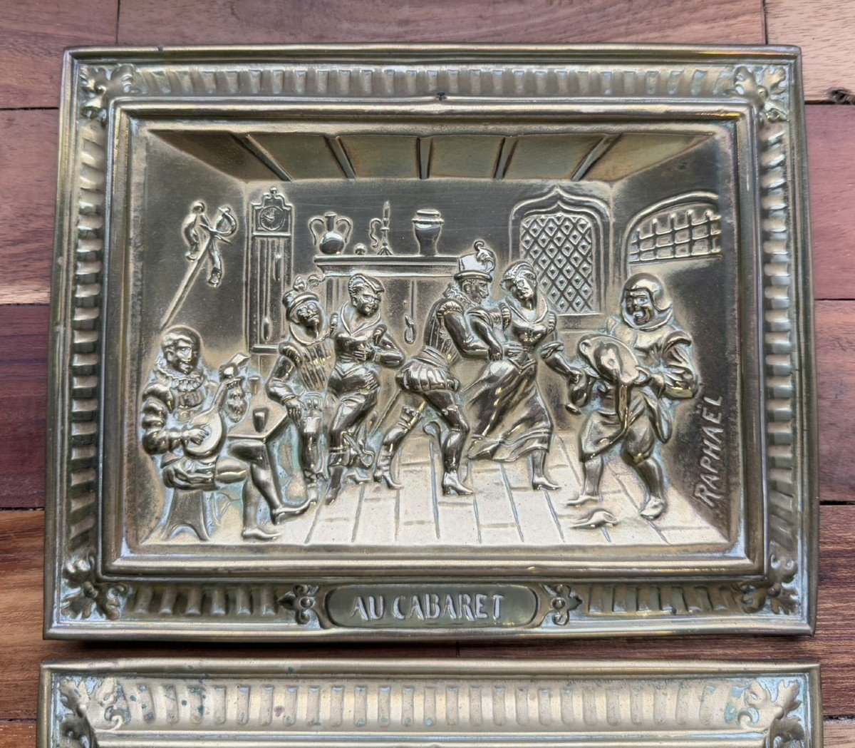 Raphael: 2 Bas Reliefs In Repoussé Copper Depicting Framed Festive Scenes-photo-3