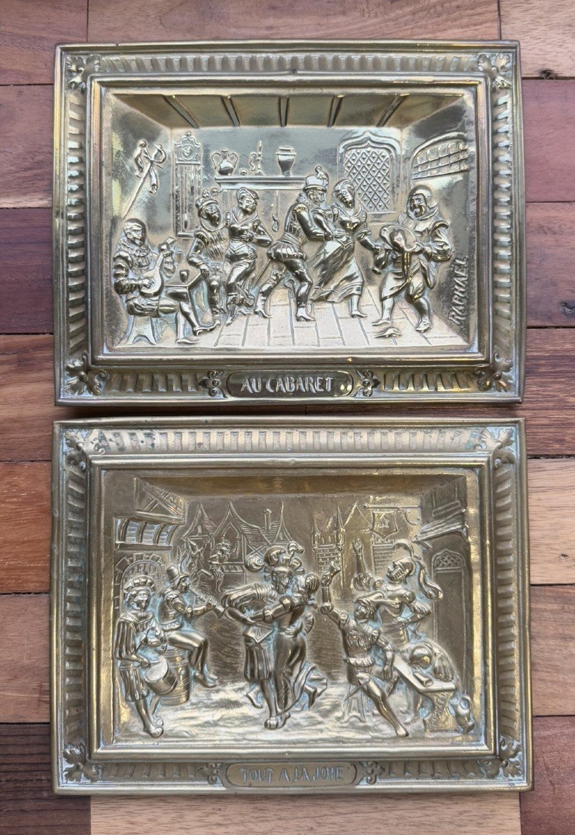 Raphael: 2 Bas Reliefs In Repoussé Copper Depicting Framed Festive Scenes