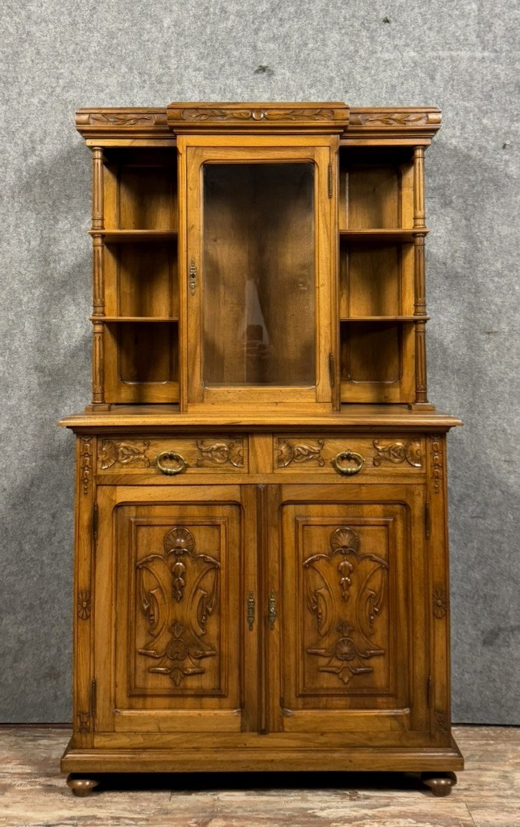 Cabinet Bibliothèque Argentier Style Renaissance En Noyer Sculpté 