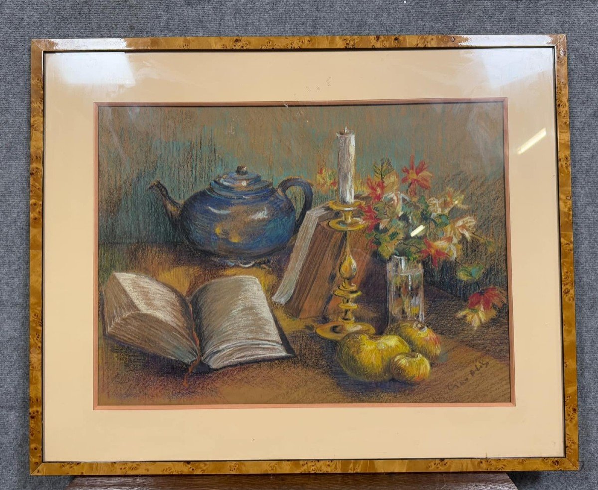 Large Oil Pencil Painting Depicting Objects On A Flowery Entablature  