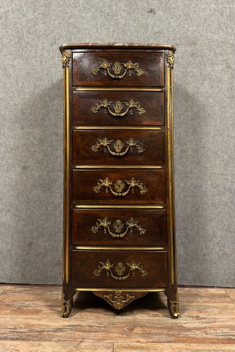 18th Century Regency Period Weekly Chest In Marquetry And Copper Reed