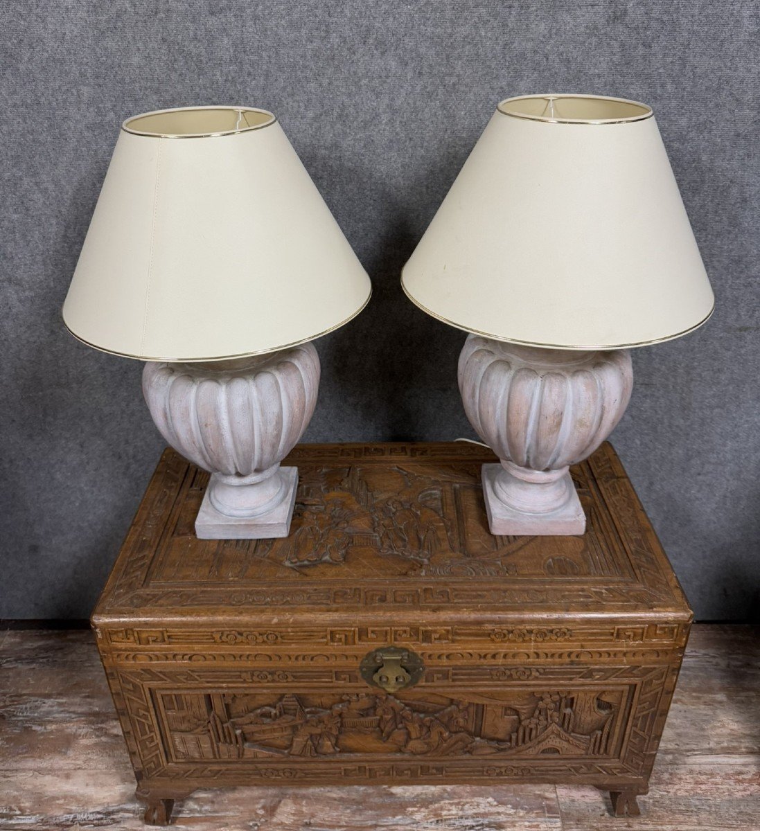 Pair Of Large Vintage Signed Whitewashed Terracotta Lamps Circa 1970-photo-1