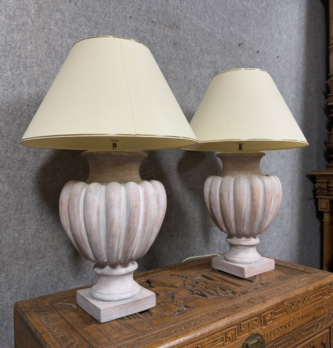 Pair Of Large Vintage Signed Whitewashed Terracotta Lamps Circa 1970-photo-2