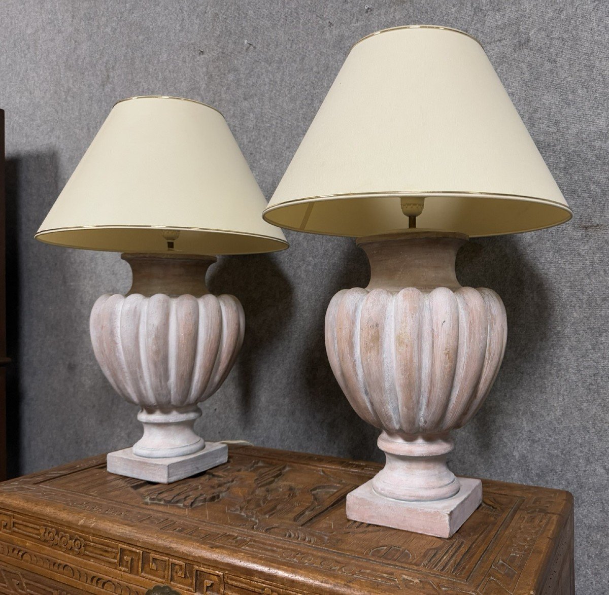 Pair Of Large Vintage Signed Whitewashed Terracotta Lamps Circa 1970-photo-3