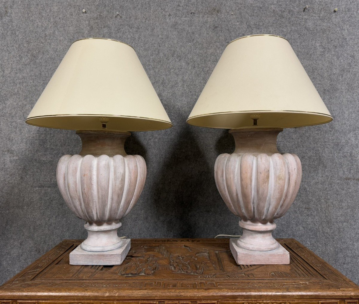 Pair Of Large Vintage Signed Whitewashed Terracotta Lamps Circa 1970