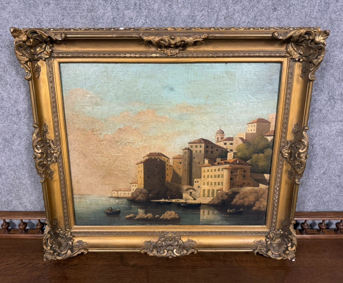 Italian School Painting From The 19th Century Around 1800: Oil On Canvas Animated Port View-photo-3