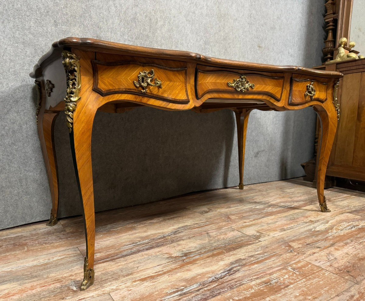 According To The Creations Of Charles Cressent: Marquetry Minister's Desk, Late 19th Century-photo-2