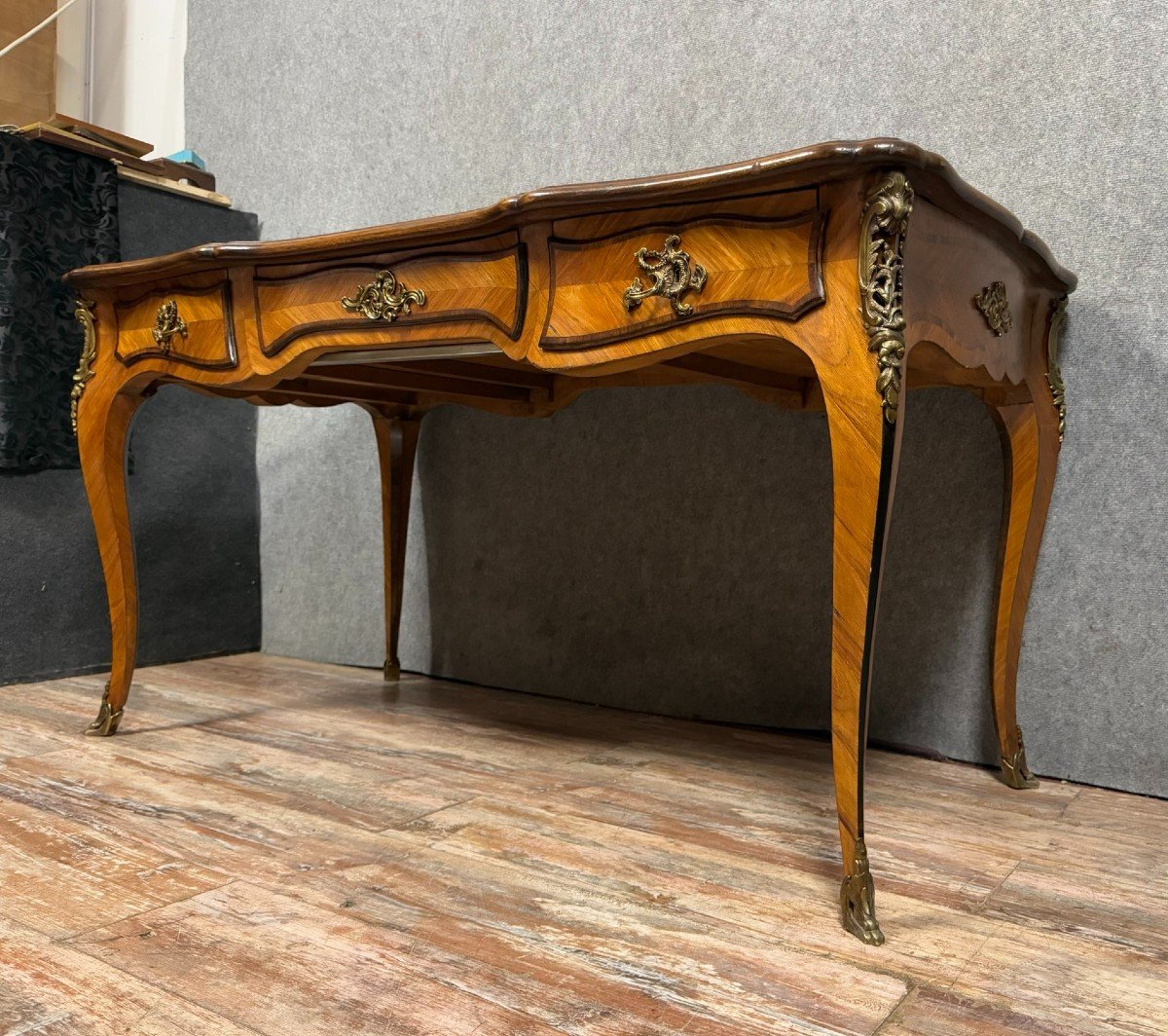 According To The Creations Of Charles Cressent: Marquetry Minister's Desk, Late 19th Century-photo-3