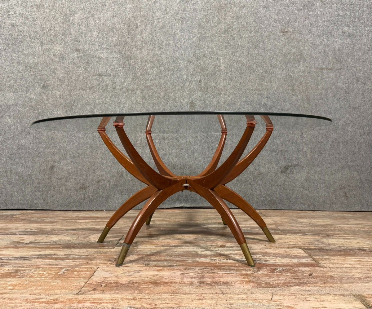 Table Basse Dite "Spiderleg" En Bois, Verre Et Laiton Doré Vers 1950-1960