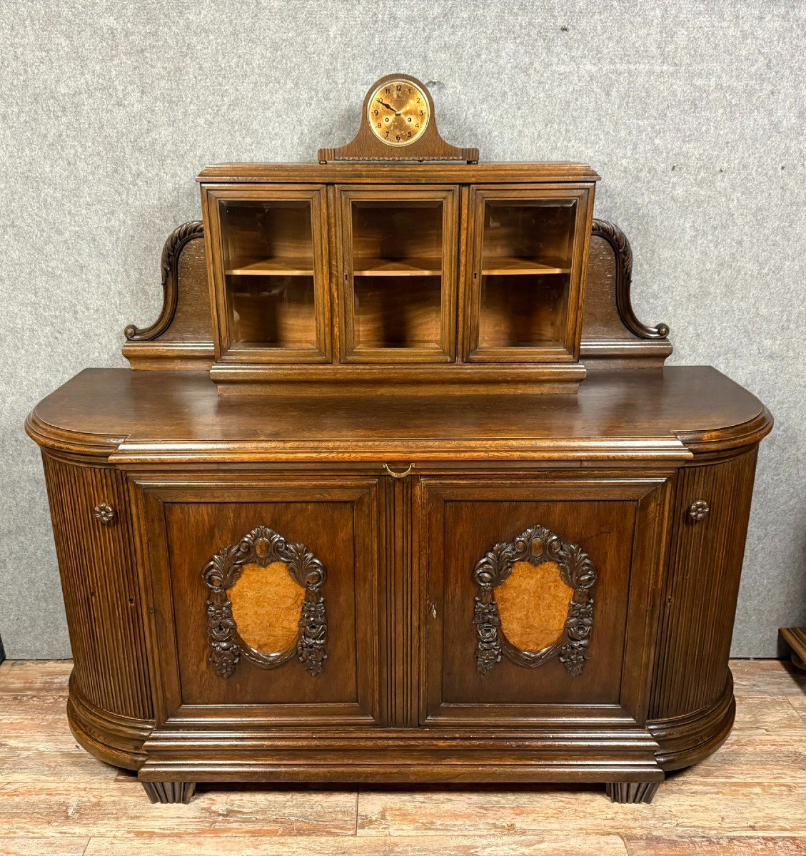 Buffet A Horloge époque Art Nouveau En Chêne Et Loupe Vers 1900-photo-2