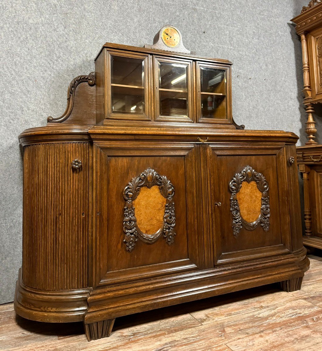 Buffet A Horloge époque Art Nouveau En Chêne Et Loupe Vers 1900-photo-4