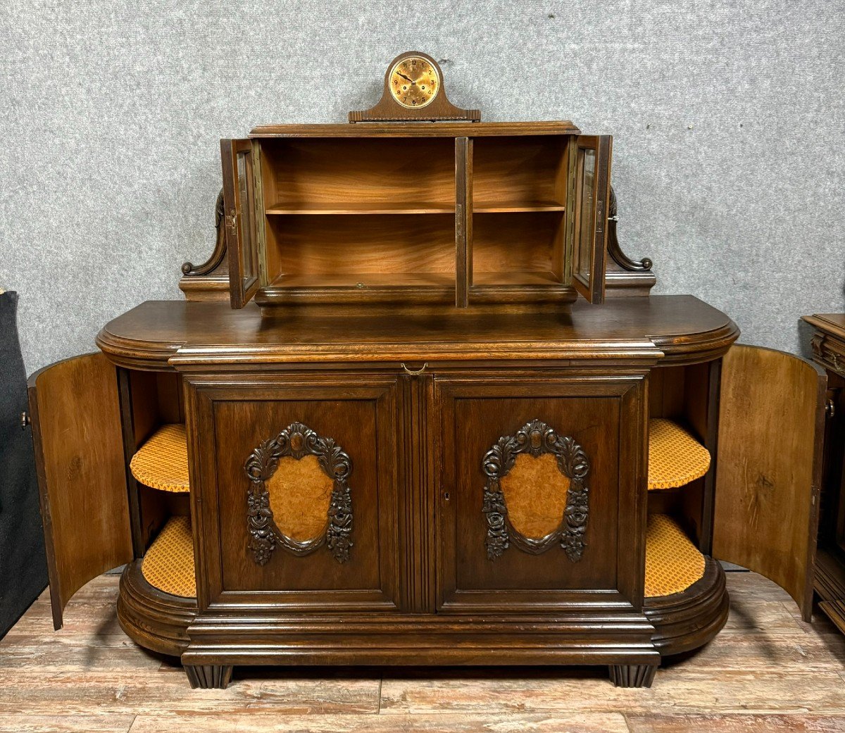 Buffet A Horloge époque Art Nouveau En Chêne Et Loupe Vers 1900-photo-4