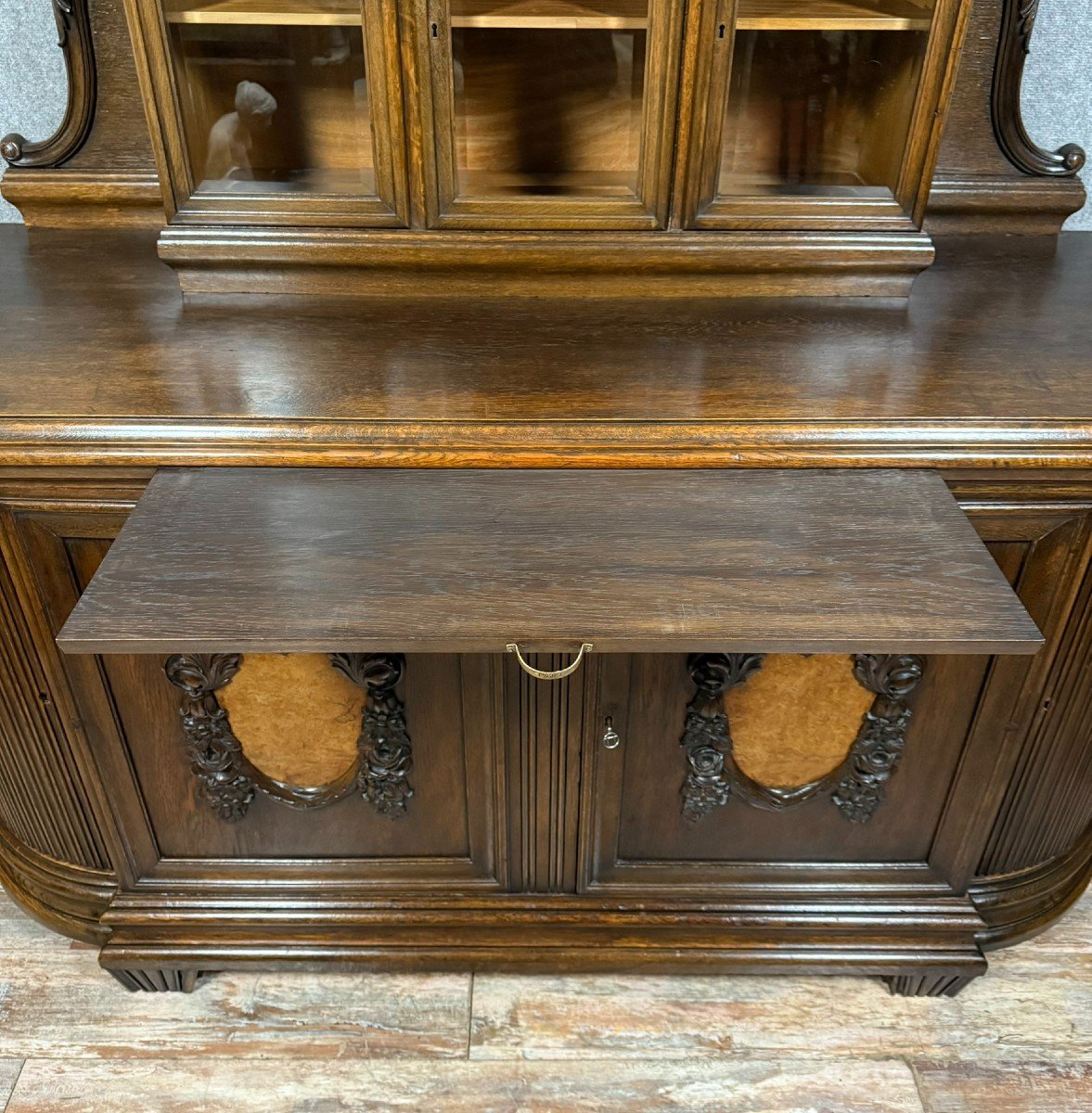 Buffet A Horloge époque Art Nouveau En Chêne Et Loupe Vers 1900-photo-6