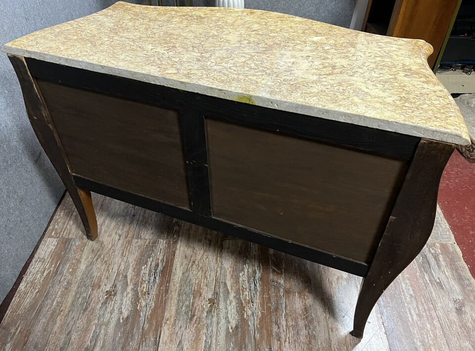 Commode Sauteuse Galbée De Style Louis XV En Marqueterie De Bois Précieux Vers 1900-photo-3