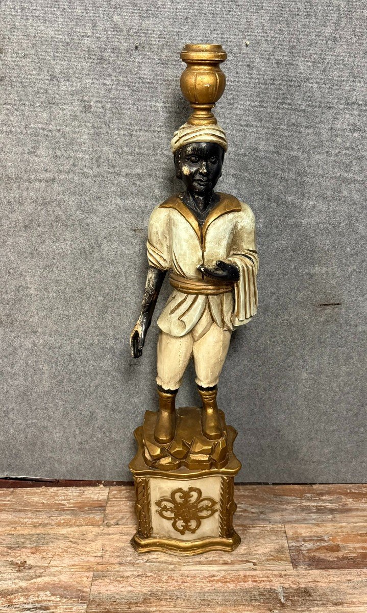 Polychrome And Gilded Carved Wooden Torchiere, Depicting A Young Nubian In Venetian Clothing-photo-1