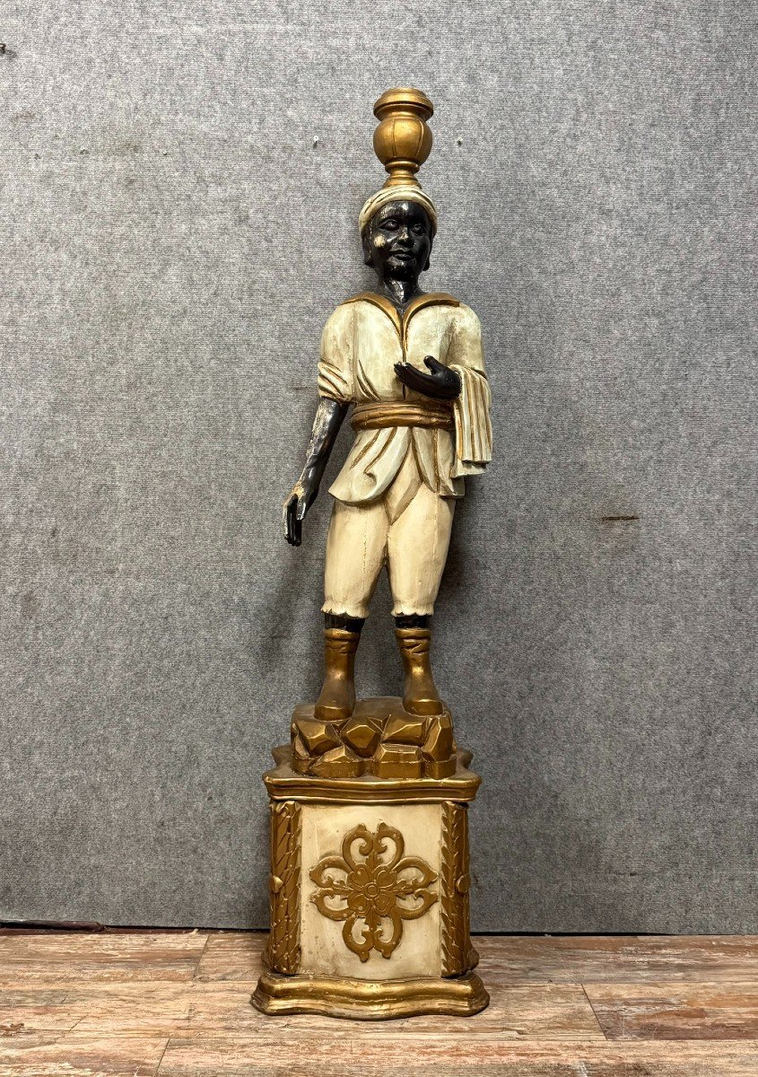 Polychrome And Gilded Carved Wooden Torchiere, Depicting A Young Nubian In Venetian Clothing