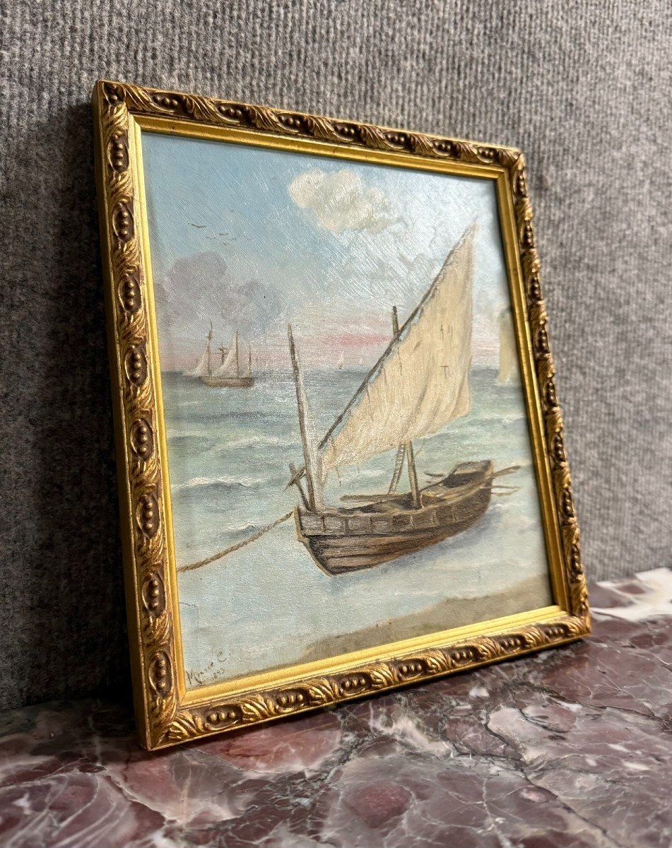 Marie C: Oil Painting On Canvas Marine With Sailboat Napoleon III Period-photo-1