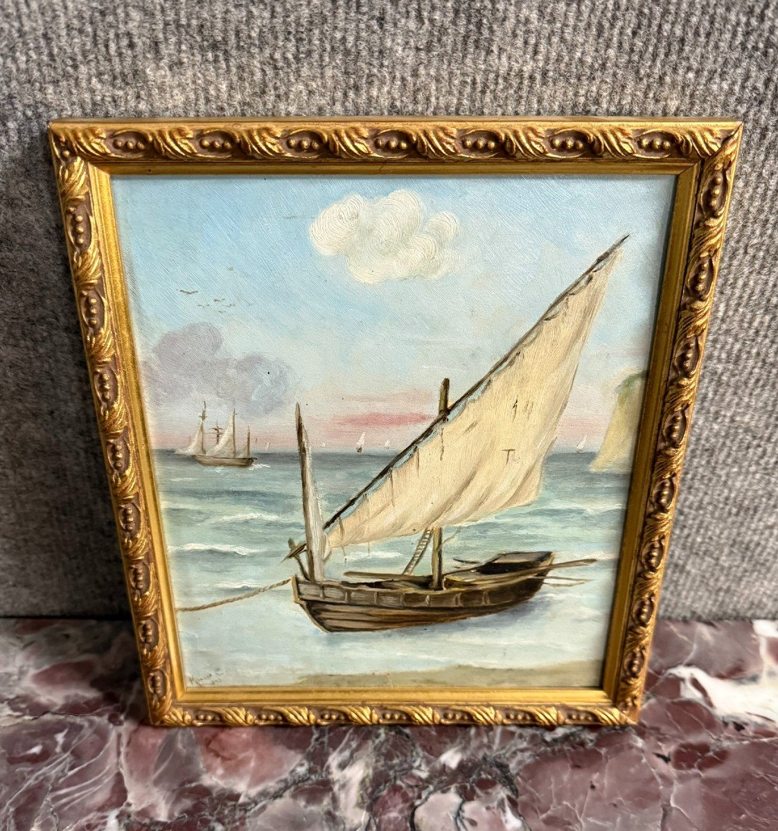 Marie C: Oil Painting On Canvas Marine With Sailboat Napoleon III Period-photo-3