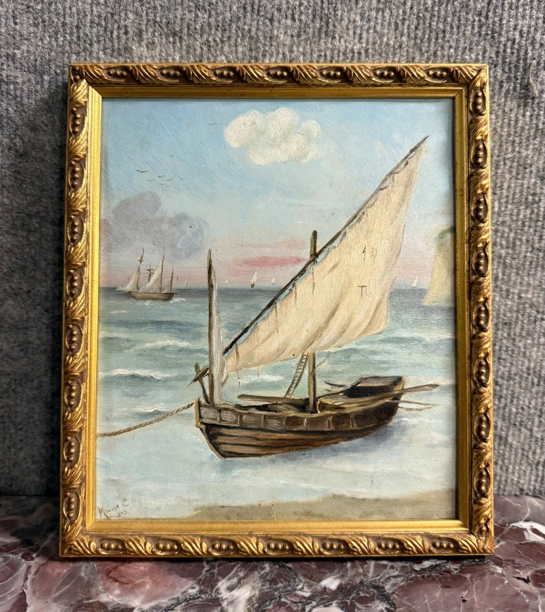 Marie C: Oil Painting On Canvas Marine With Sailboat Napoleon III Period