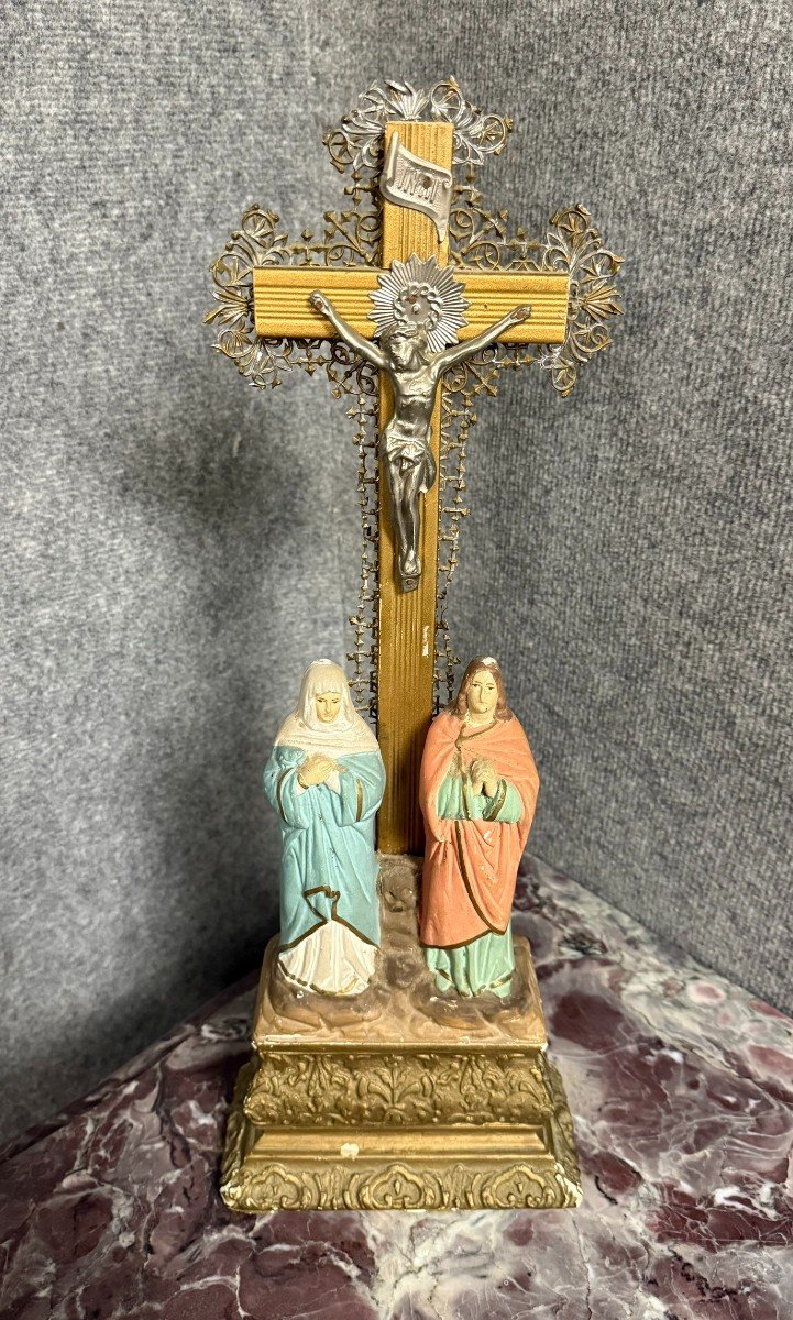 Antique Crucifix / Calvary In Wood, Gilded Brass And Terracotta, Napoleon III Period, Circa 1880-photo-1