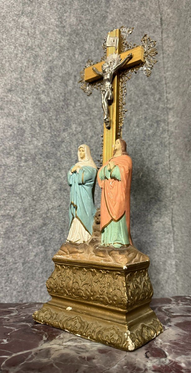 Antique Crucifix / Calvary In Wood, Gilded Brass And Terracotta, Napoleon III Period, Circa 1880-photo-3