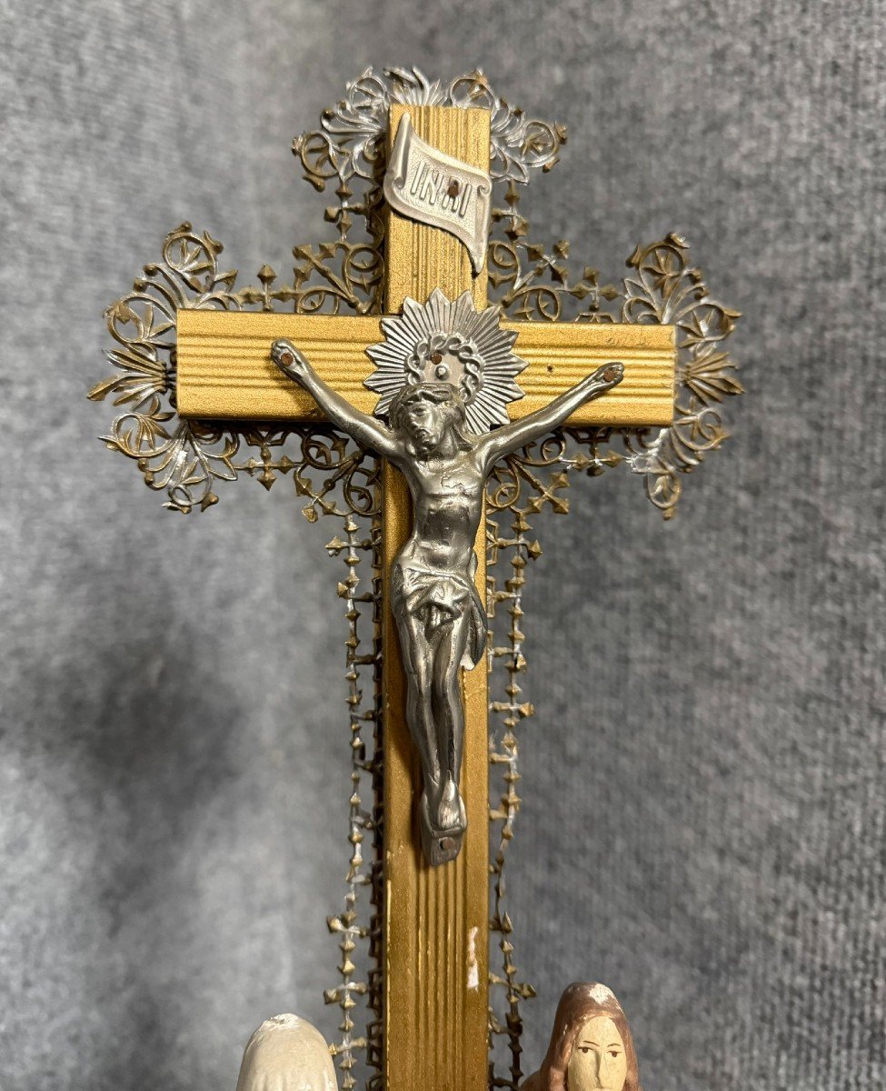 Antique Crucifix / Calvary In Wood, Gilded Brass And Terracotta, Napoleon III Period, Circa 1880-photo-5