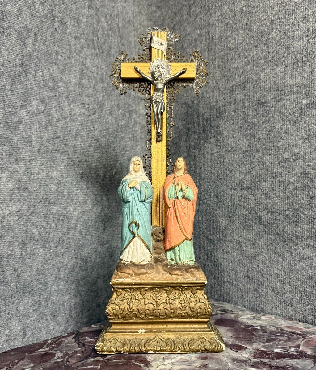 Antique Crucifix / Calvary In Wood, Gilded Brass And Terracotta, Napoleon III Period, Circa 1880