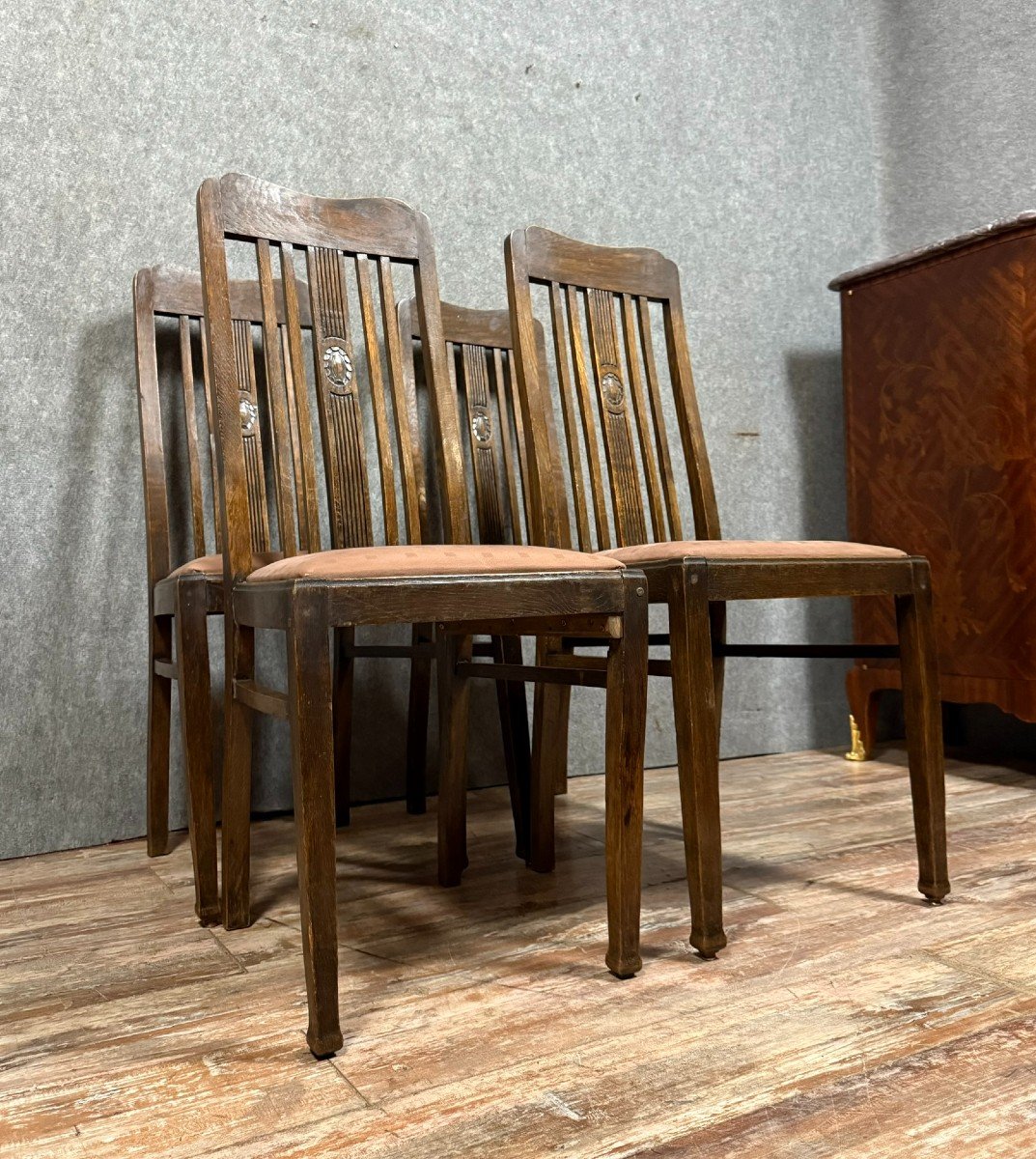 4 Art Nouveau Oak Chairs Circa 1900-photo-2