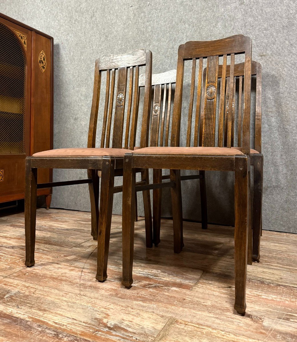 4 Art Nouveau Oak Chairs Circa 1900-photo-3