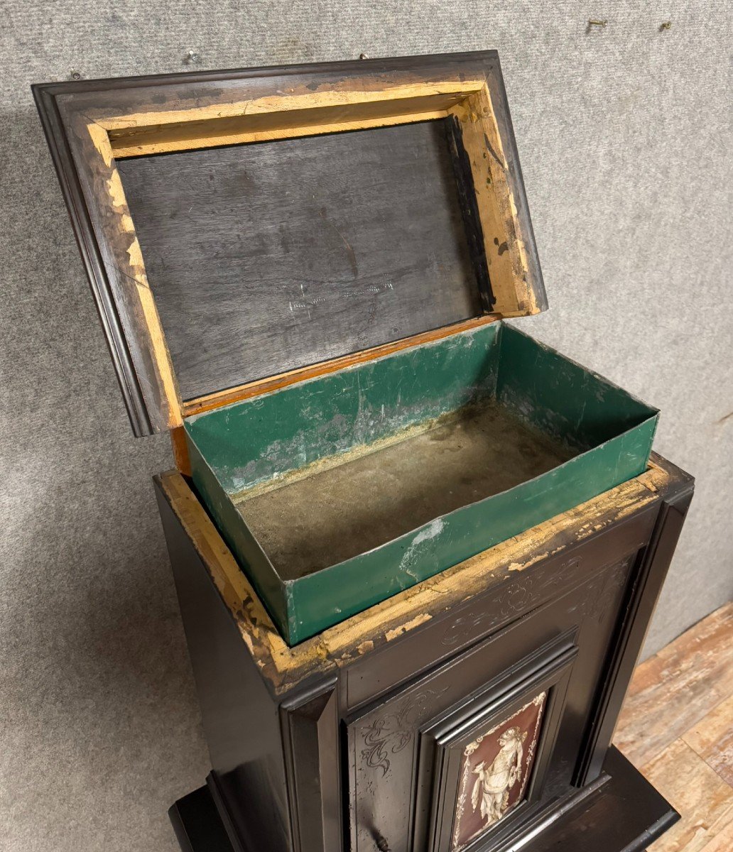 Cabinet With Secret Function In Blackened Wood And Ceramic Plates With Antique Decorations-photo-7