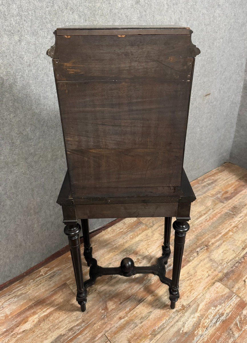 Cabinet With Secret Function In Blackened Wood And Ceramic Plates With Antique Decorations-photo-8