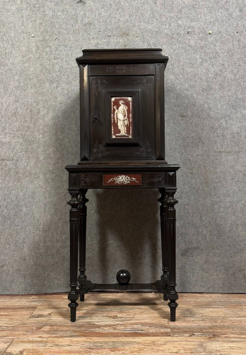 Cabinet With Secret Function In Blackened Wood And Ceramic Plates With Antique Decorations