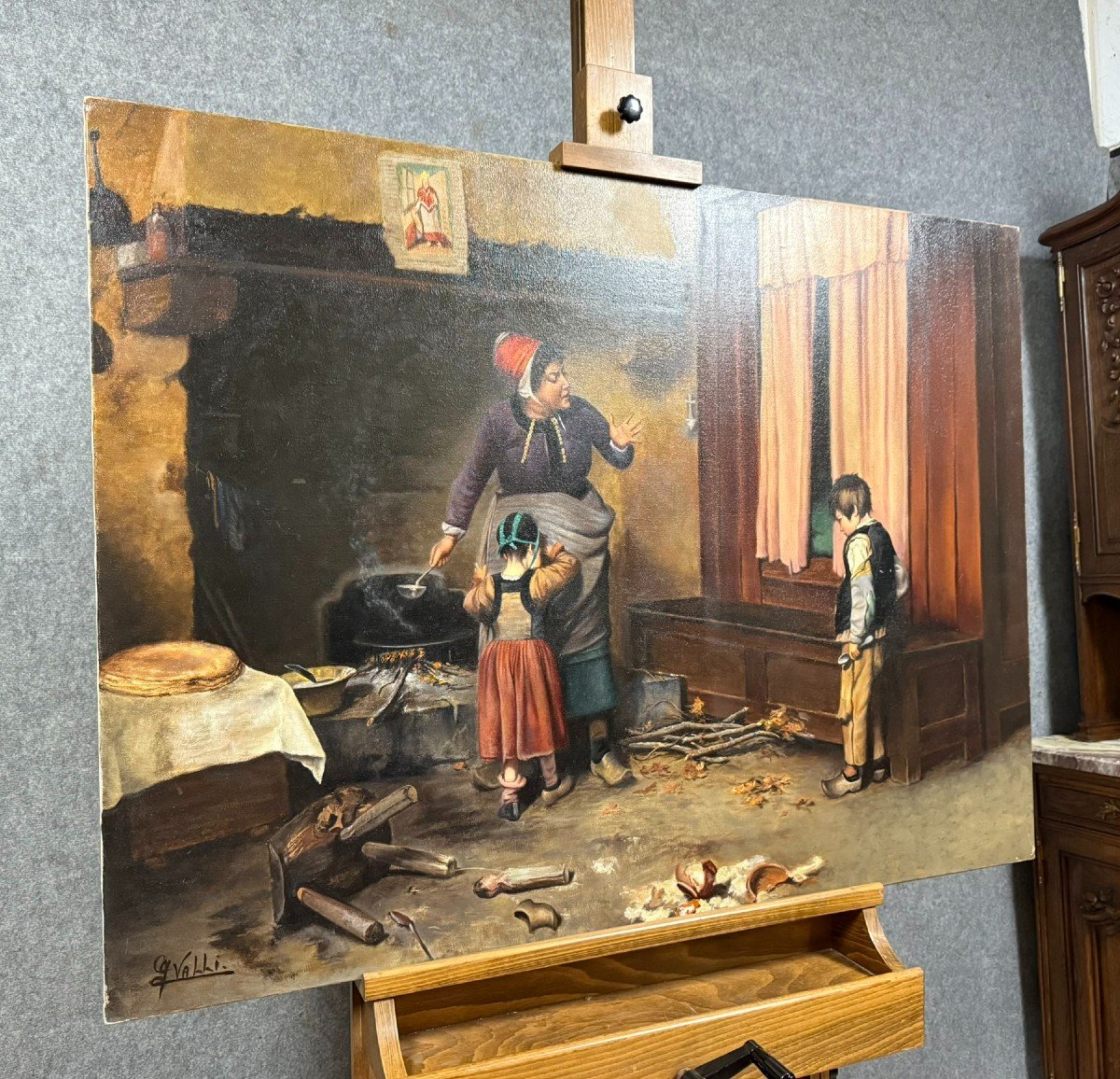 Gerard Valli: Tableau Huile Sur Toile Figurant Une Scène d'Intérieur-photo-1