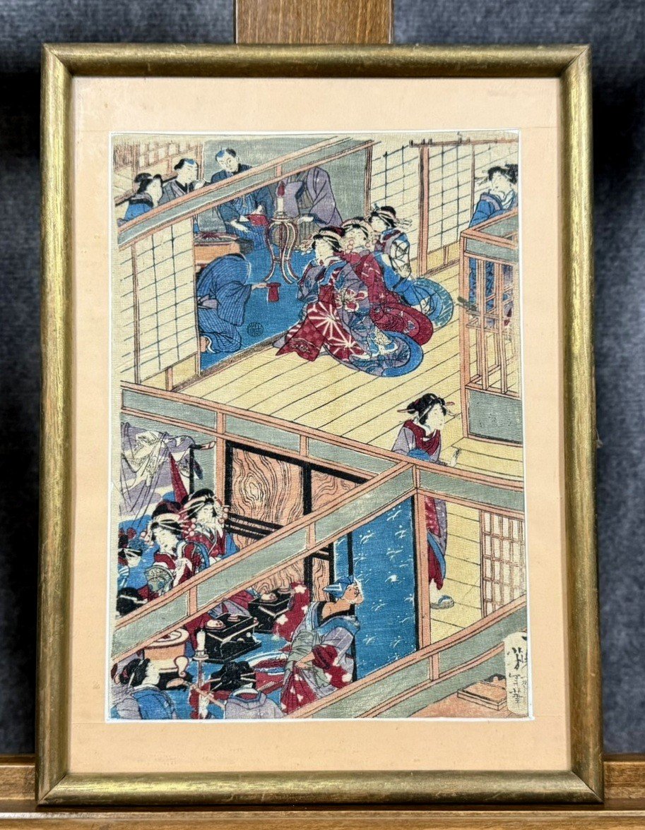 Japon Vers 1900: Tableau Peinture Sur Tissu Figurant Une Scène Animée