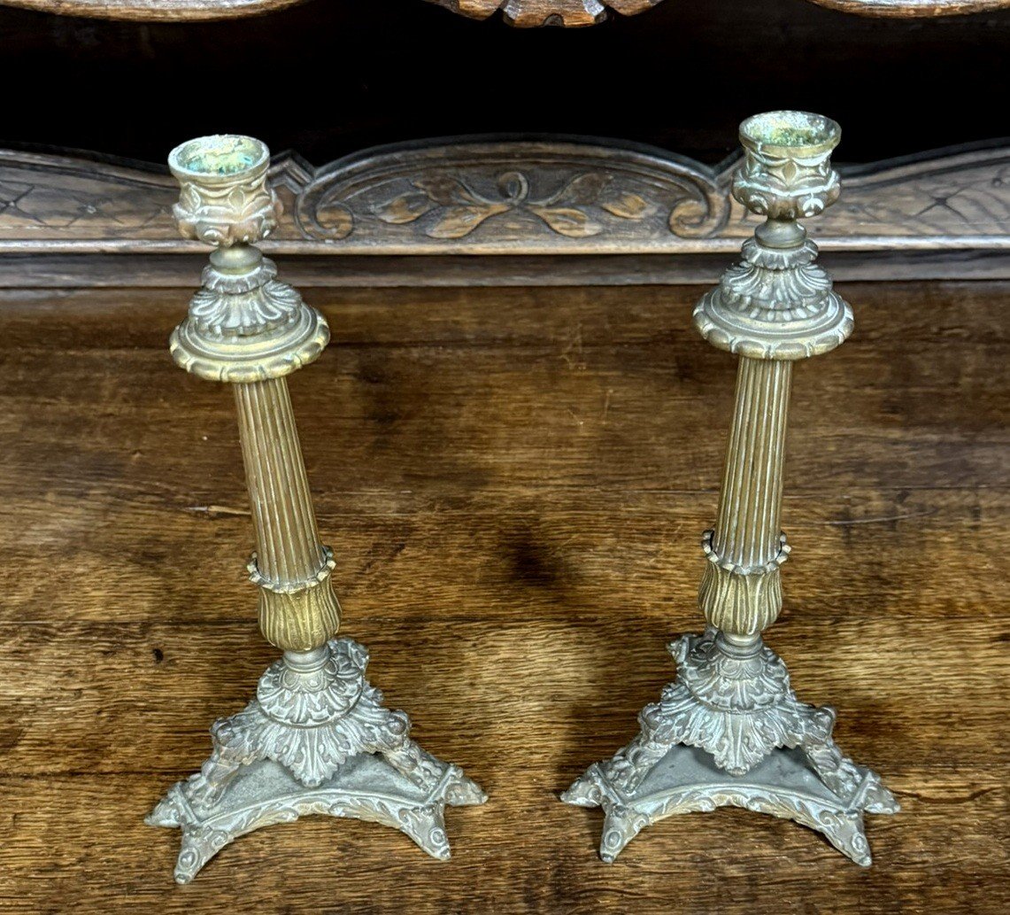 Pair Of Empire Period Candlesticks In Gilt Bronze Circa 1800-photo-1