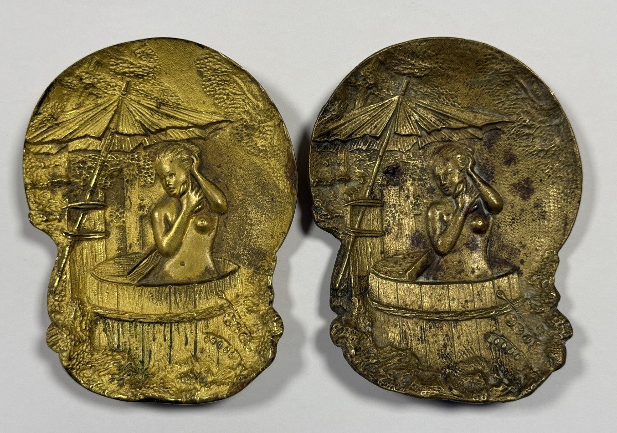 Pair Of Japanese Bronze Empty Pockets Depicting A Lady Bathing Circa 1900