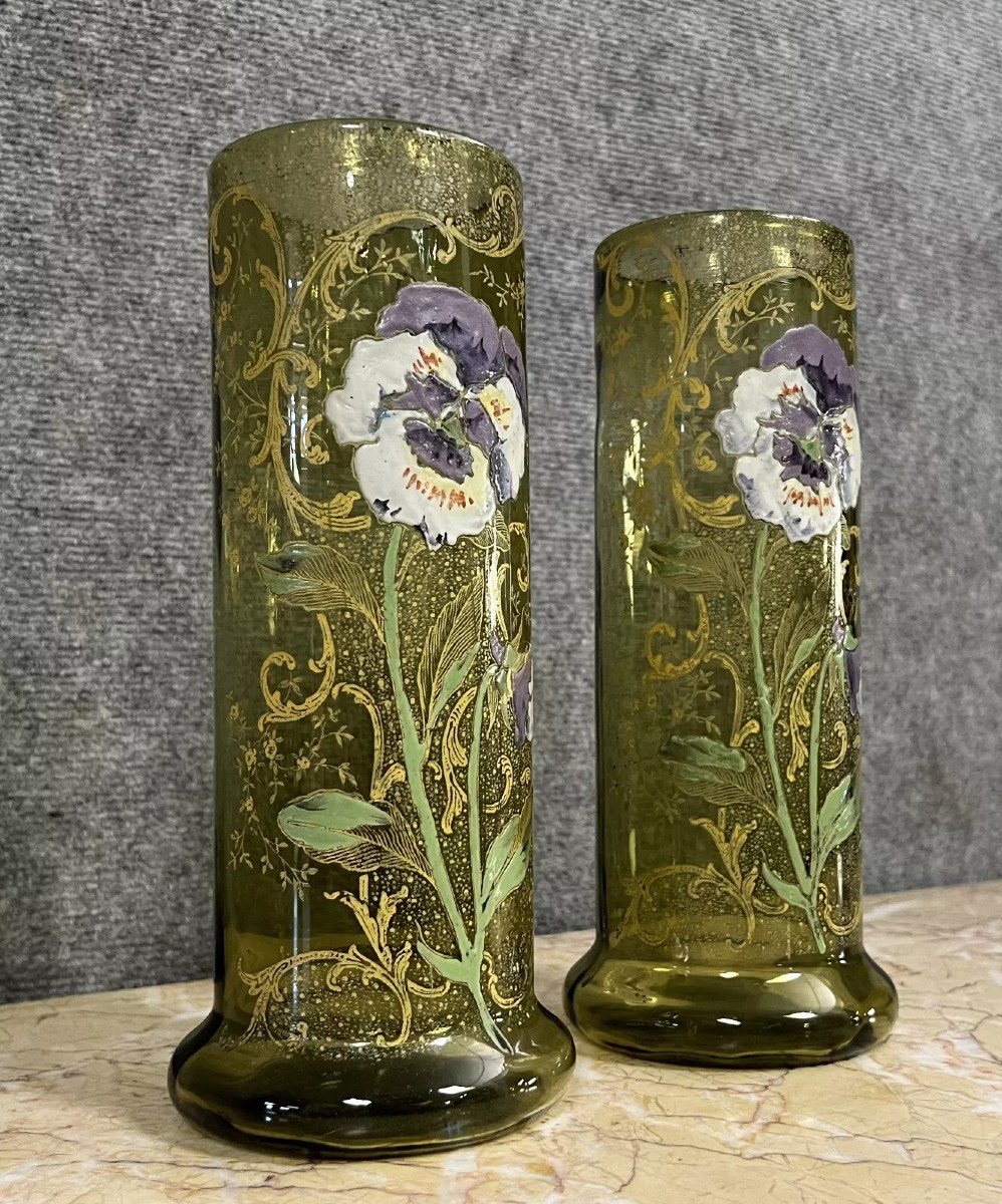 Pair Of Enameled Glass Roller Vases With Flower Decor (pansies)-photo-1