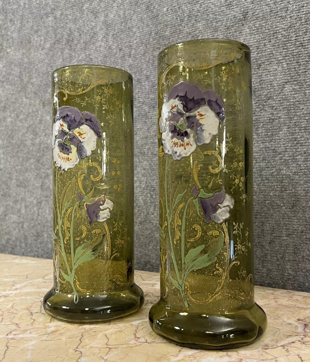 Pair Of Enameled Glass Roller Vases With Flower Decor (pansies)-photo-2