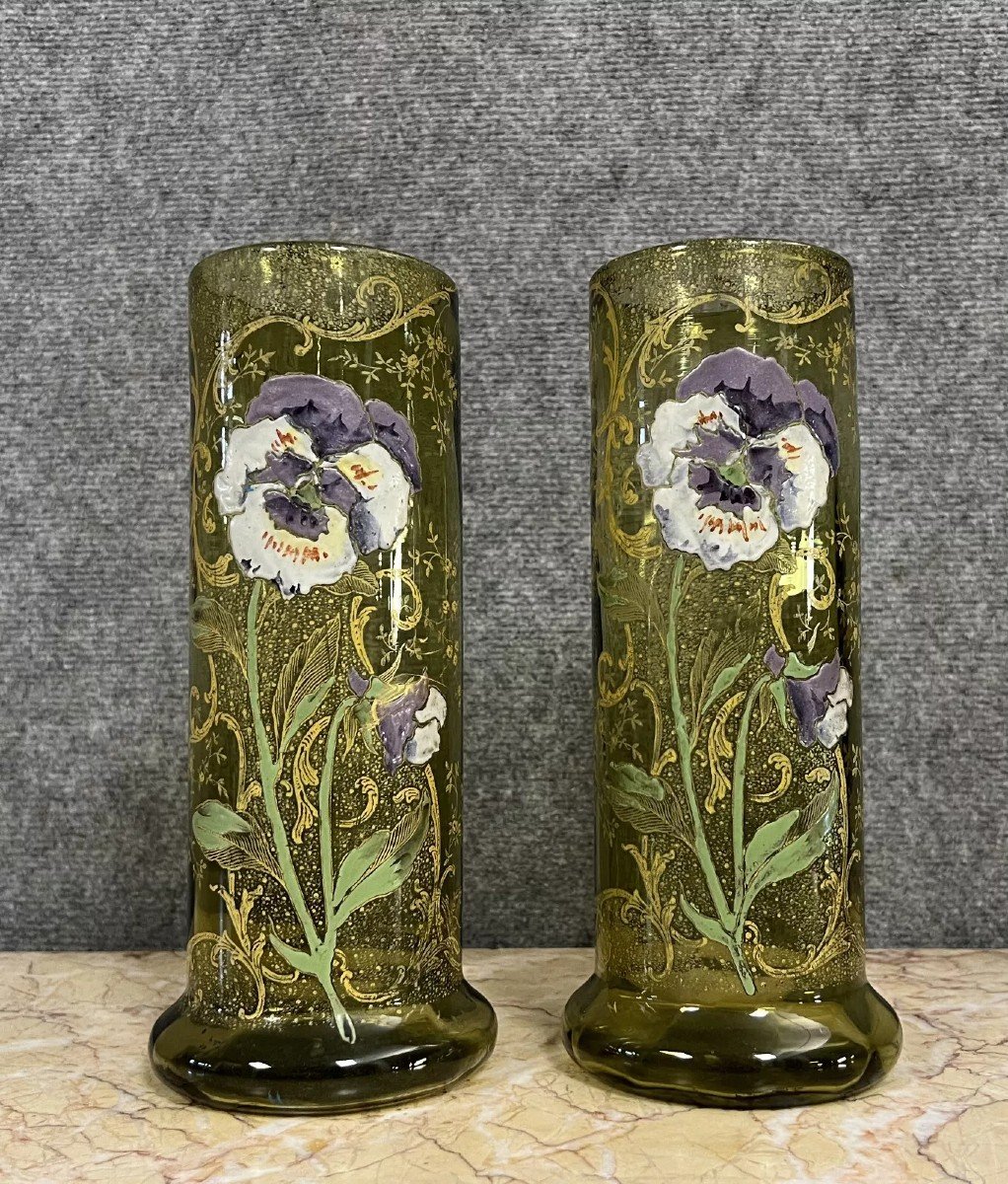 Pair Of Enameled Glass Roller Vases With Flower Decor (pansies)