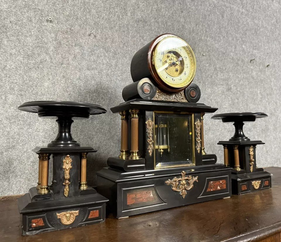 Notary Triptych Clock Napoleon III Period In Black Marble Circa 1850-photo-1