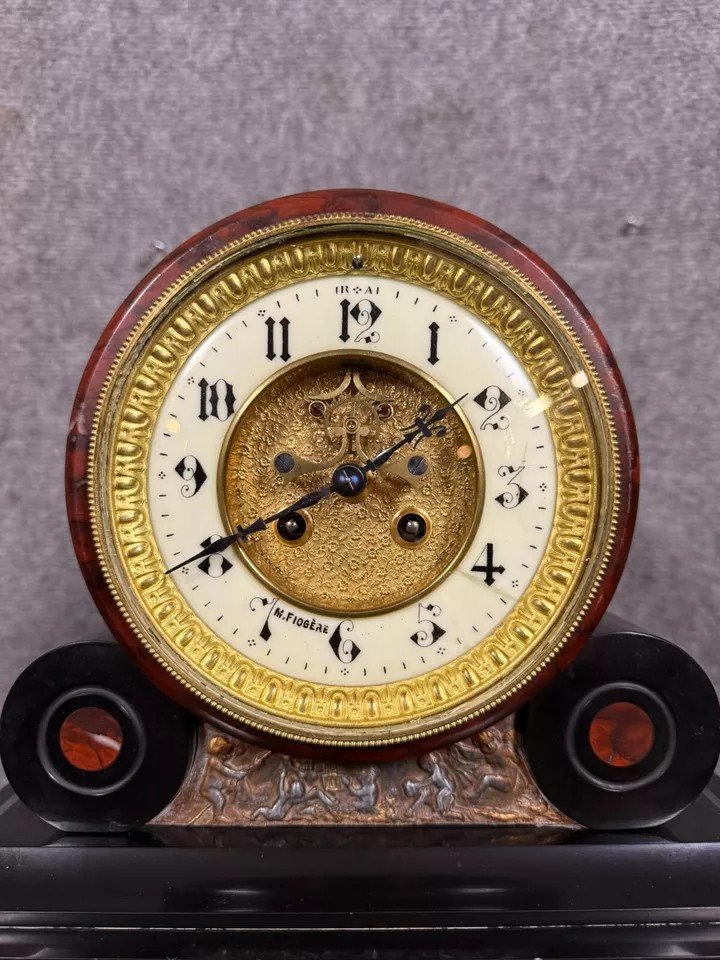 Notary Triptych Clock Napoleon III Period In Black Marble Circa 1850-photo-2