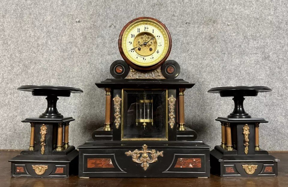 Notary Triptych Clock Napoleon III Period In Black Marble Circa 1850