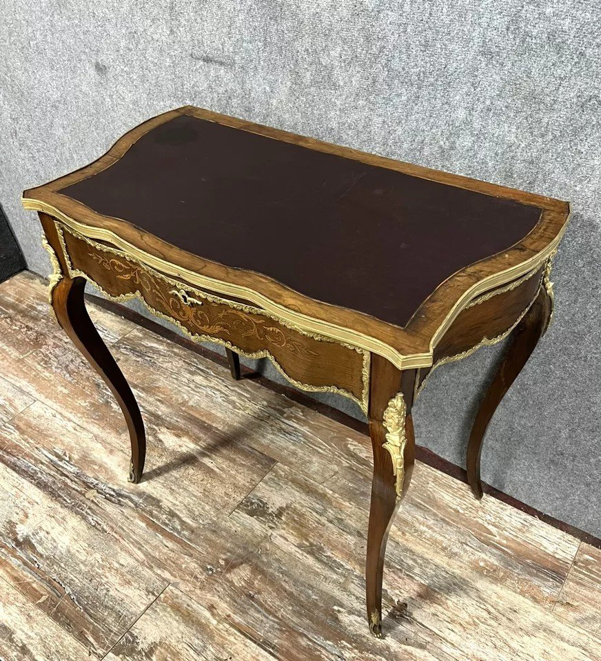 Bureau Galbé Style Louis XV En Marqueterie De Bois Précieux Vers 1880-photo-3