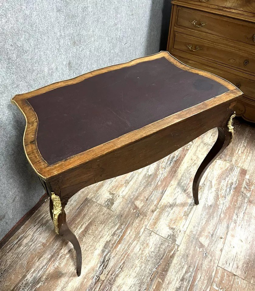 Bureau Galbé Style Louis XV En Marqueterie De Bois Précieux Vers 1880-photo-4