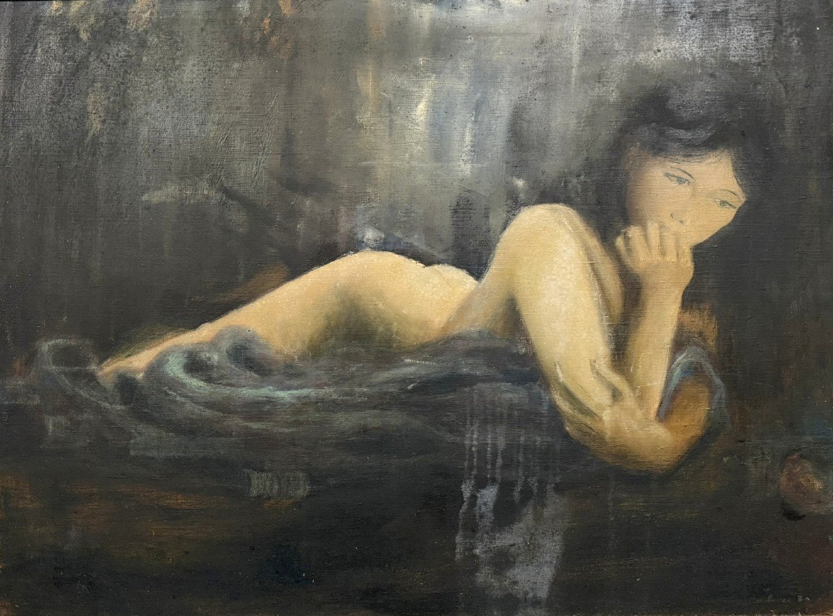 René Bondenet (?): Oil Painting On Canvas Pensive Nude  -photo-3