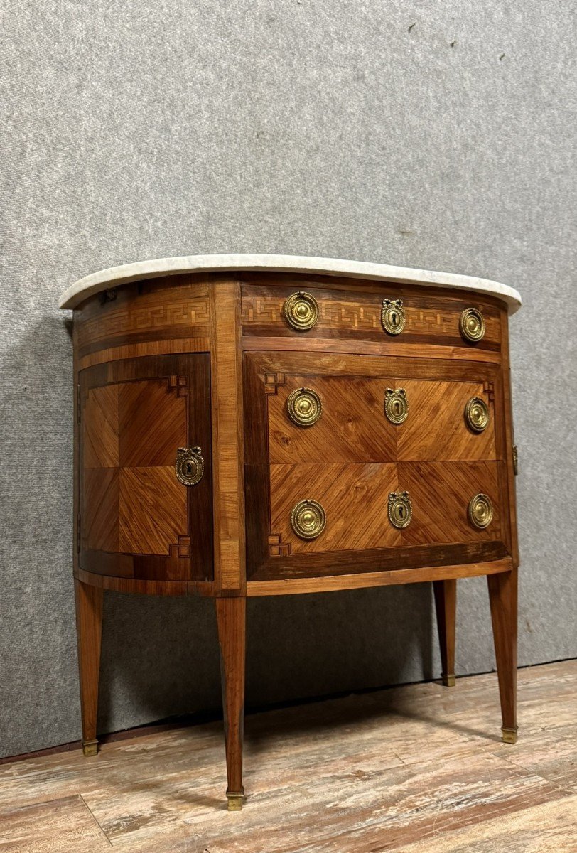 Louis XVI Style Half Moon Shaped Chest Of Drawers In Precious Wood Marquetry -photo-2