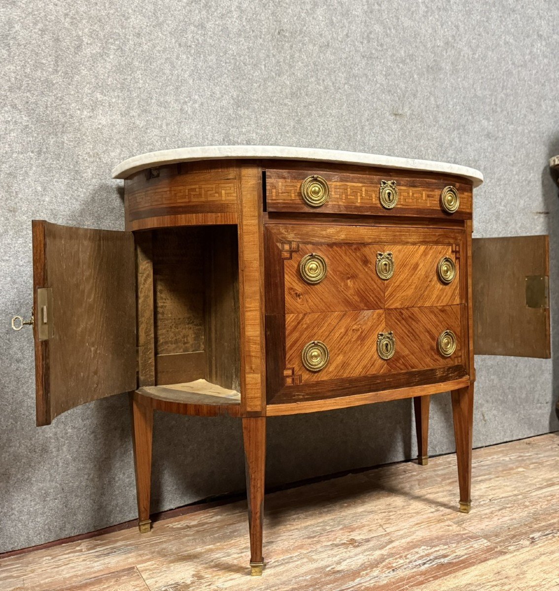 Louis XVI Style Half Moon Shaped Chest Of Drawers In Precious Wood Marquetry -photo-4